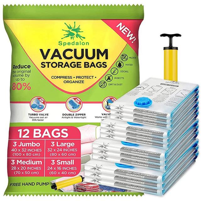 Spedalon Space Saver Vacuum Storage Bags for Comforters and Blankets | 12 Pack (3x Jumbo, Large, Medium & Small) Vacuum Bags for Clothes, Bedding, Pillow, Mattress, Clothing - Seal Bags with Hand Pump