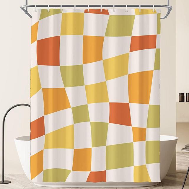 Visioun 70s Cute Retro Checkerboard Vintage Checkered Shower Curtain for Bathroom 60W*72H Inch Abstract Groovy Wavy Funky Bathtub Decor Grid Aesthetic Waterproof Polyester Fabric Set with 12 Hooks