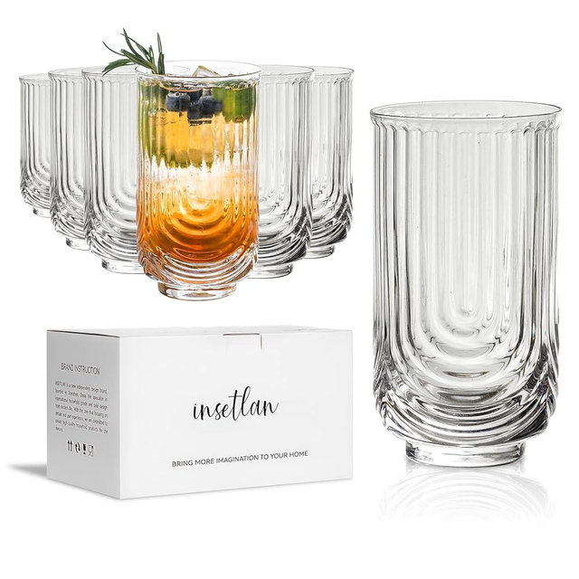 INSETLAN Set of 6 Water Drinking Glasses, Arch Design Cocktail Glasses, Vintage Glassware, Collins Glass Cups for Coffee, Wine, Whiskey, Juice, Housewarming Presents, New House Essentials