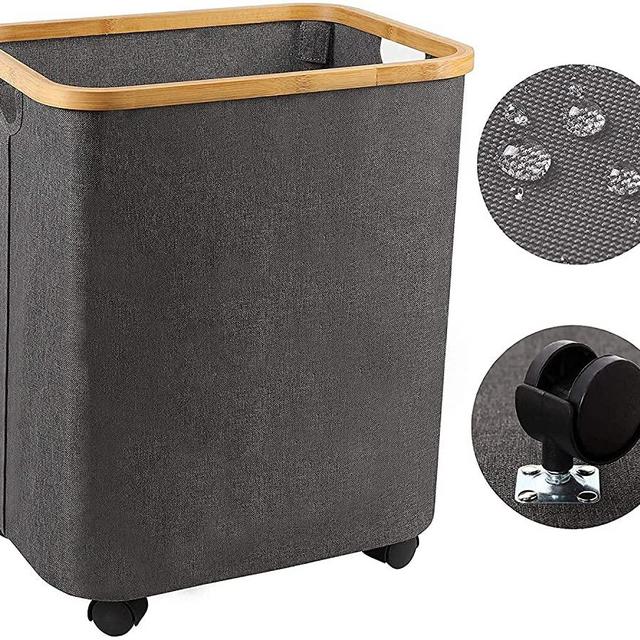 Large Laundry Hamper with Wheels - Guofa 60L Bamboo Laundry Basket with Wheels, Dirty Clothes Laundry Hamper on Wheels Bamboo Handles for Bedroom, Toys Storage Baskets