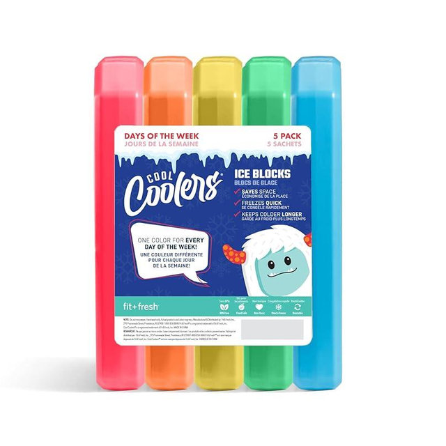 Cool Coolers by Fit + Fresh, 5 Pack Days of the Week Ice Blocks, Compact Reusable Ice Packs for Lunch Boxes & Coolers, Multi Colored