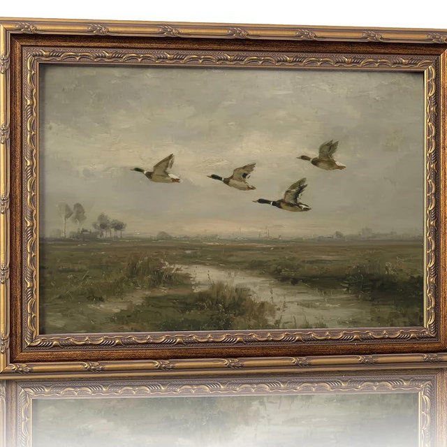 Vintage Gold Framed Flying Duck Wall Art Mallard Duck Canvas Wall Decor Rustic Mallard Poster Artwork Retro Rustic Farmhouse Animal Picture for Home Living Bedroom Farmhouse Hallway 12x16in