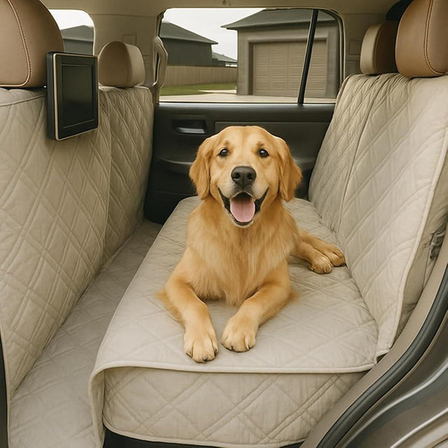Formosa Covers Quilted and Padded Dog Pet Car Seat Cover with Comforting Fabric and Non-Slip Backing Best for Car Truck and SUV - Travel with Your Pet Mess Free - Universal Fit 56" Wx94 L, Taupe