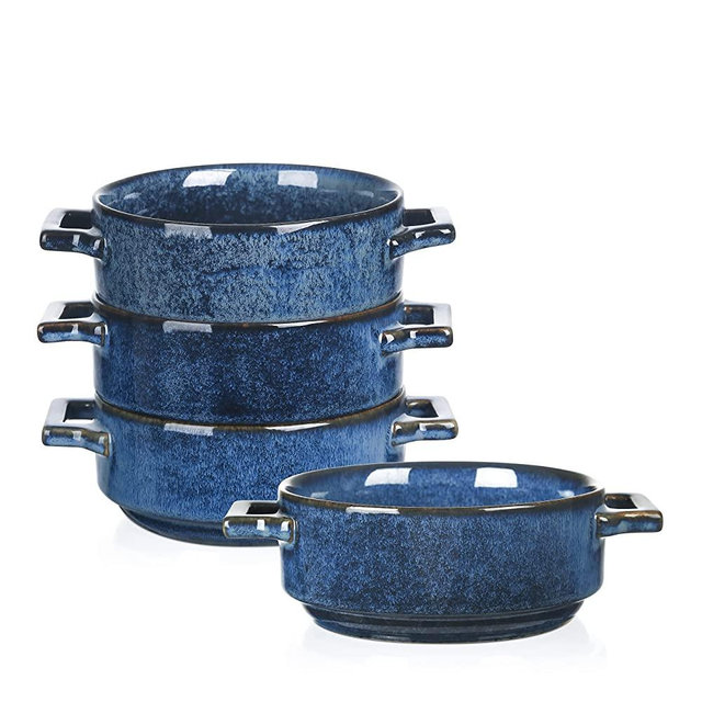 Vicrays Ceramic Soup Bowls with Handles, 24 Oz Porcelain Soup Crocks for French Onion Soup, Cereal, Beef Stew, Chill, Pasta, Pot Pies, Microwave and Oven Safe, Set of 4 (Blue)