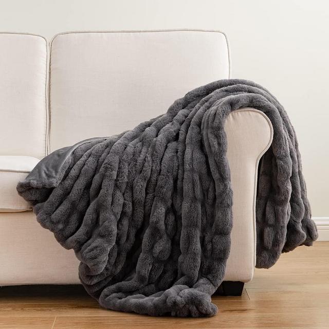 Luxury Concepts Lightweight Faux Rabbit Fur Throw Blanket, Ruched Elegant Wrinkle Resistant, Anti-Static and Washable for Couch Sofa Bed, 50" x 60" in, Dark Grey