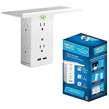 Socket Shelf- 8 Port Surge Protector Wall Outlet, 6 Electrical Outlet Extenders, 2 USB Charging Ports & Removable Built-In Shelf UL Listed
