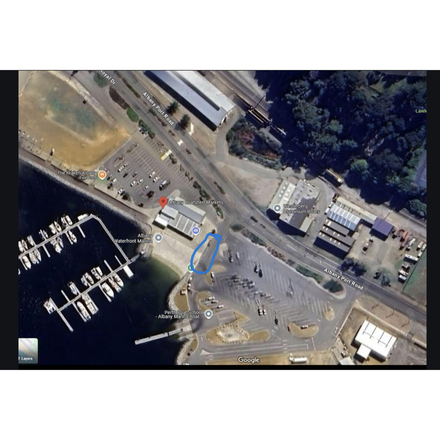 If you type into maps - Albany boat shed, you will find it. Circled, is where the bus will be waiting.