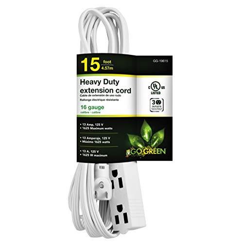 GoGreen Power GG-19615 16/3 15' 3-Outlet Extension Cord - White