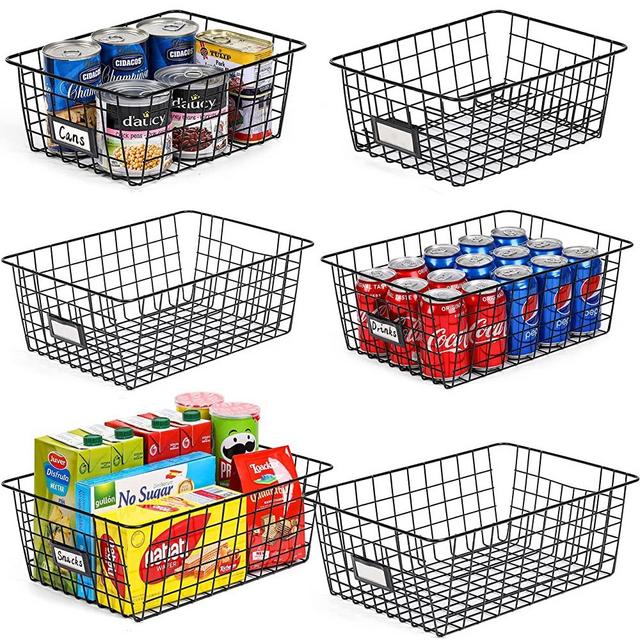 6 Pack [ Extra Large ] Wire Storage Baskets for Organizing with Lables, Pantry Organization Bins for Kitchen Cabinets, Closet - Metal Basket for Laundry, Garage, Refridge, Bathroom Countertop Organizer, Black