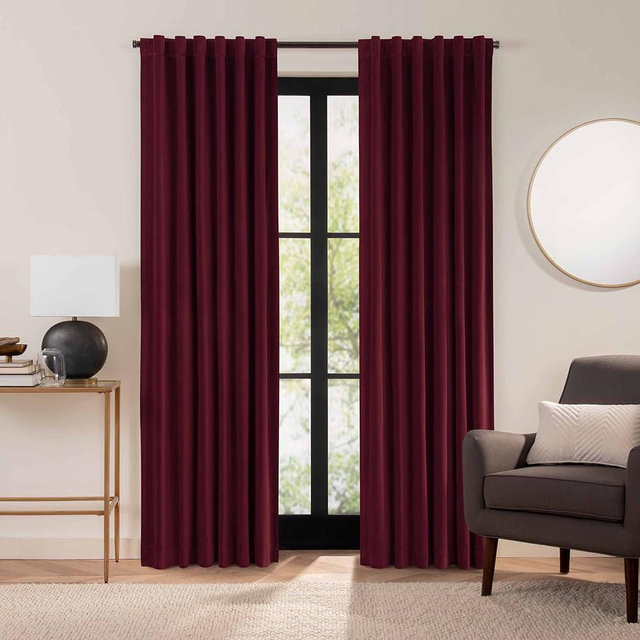 Eclipse Luxury Cotton Velvet 100% Blackout Rod Pocket Back Tab 84" x 50" Curtain Window Panel in Port