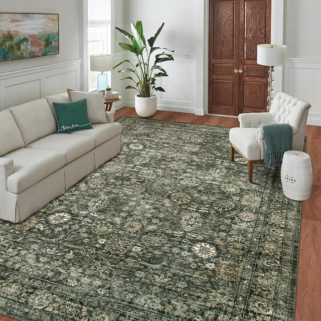 Morebes Vintage Green Living Room Rug, 9x12 Area Rug Washable Boho Rugs for Bedroom, Soft Dining Room Carpet Non-Slip Non-Shedding Throw Rug for Farmhouse Indoor Kids Playroom