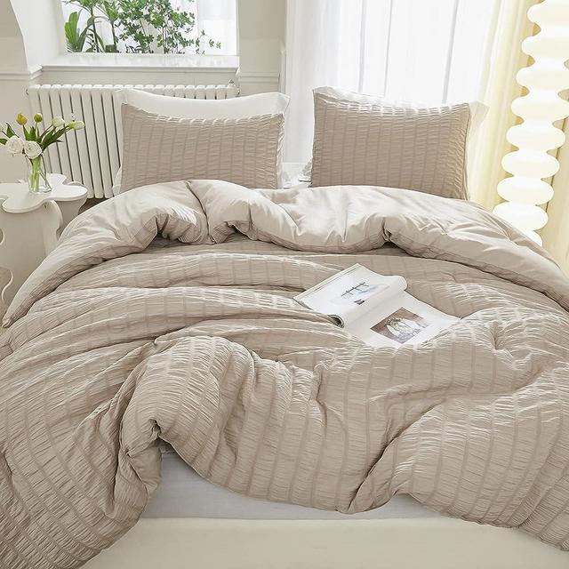 Litanika Queen Comforter Set Beige, 3 Pieces Lightweight Summer Seersucker Bedding Comforters Sets, Soft Aesthetic Bed Set (90x90In Comforter & 2 Pillowcases)