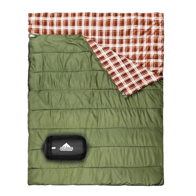 AGEMORE Cotton Flannel Double Sleeping Bag for Camping, Backpacking Or Hiking. Queen Size 2 Person Waterproof Sleeping Bag for Adults Or Teens. Lightweight with Compression Sack