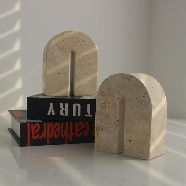 Luxury Travertine Bookends for Shelves, Decorative Book Ends for Heavy Books, Solid Heavy Duty Marble Book Holder for Bookshelf Decor