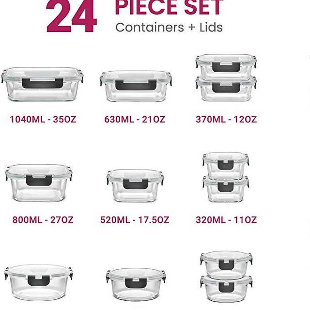 24-Piece Superior Glass Food Storage Containers Set - Newly Innovated Hinged BPA-free Locking lids - 100% Leak Proof Glass Meal Prep Containers, Great on-the-go & Freezer to Oven Safe Food Containers