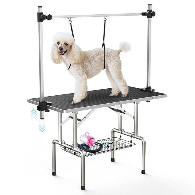 Lyromix 46''Large Dog Grooming Table, Adjustable Cat Drying Desktop with Arms, Nooses, Mesh Tray, Foldable Pet Station at Home, Maximum Capacity Up to 330Lb, 46inch, Black, 46in
