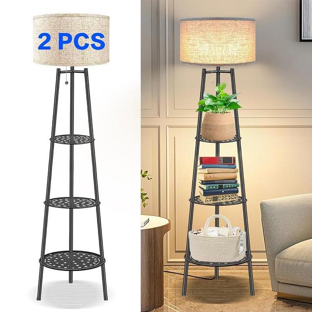 ZQQLITE 2 PCS Black Floor Lamp with Shelves for Living Room， Standing Lamp，Tall Lamp， Amparas Elegantes para Sala with Linen Shade，Modern Floor Lamp for Living Room，Bedroom or Office（Black ）