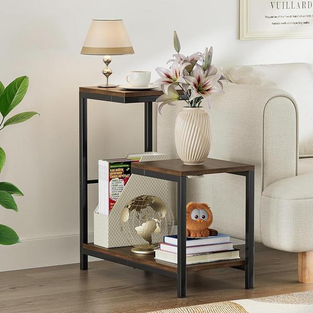 Venkuber G-Shaped End Table - Small Side Table for Living Room, Bedside Table with Storage Shelf, Corner Tables for Small Spaces, Balcony, Couch, Bedroom, Rustic Brown