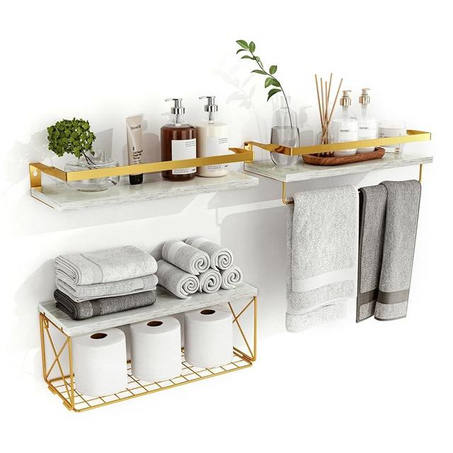 Hoiicco Bathroom Shelves with Storage Basket, Floating Bathroom Shelves Over Toilet with Protective Metal Guardrail, Wood Wall Shelves for Bathroom, Living Room, Kitchen and Washroom Toilet Paper