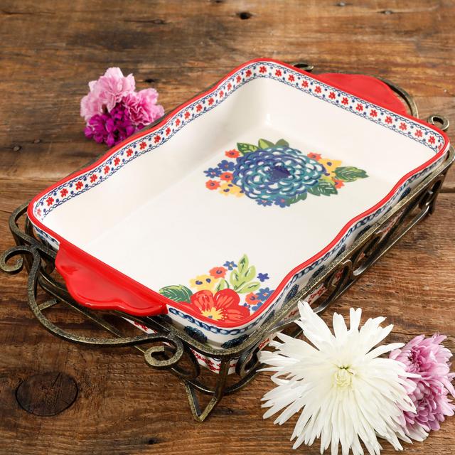 The Pioneer Woman Dazzling Dahlias 2-Piece Baker with Metal Rack