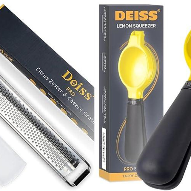 Deiss PRO Lemon Zester & Heavy Duty Cheese Grater & Vegetable Grater and Deiss Pro Heavy-Duty Metal Lemon Squeezer - Max Juice Extraction Hand Juicer, Easy Clean Lime Squeezer