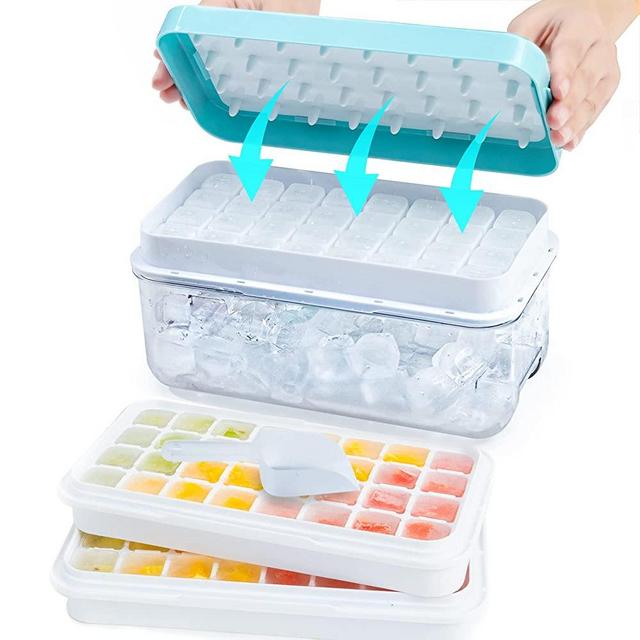 ZZWILLB Silicone Ice Cube Tray for Freezer 64 Nuggets Ice Tray with Lid and Storage Bin Stackable Easy Release Ice Container with Scoop for Cocktail Whisky Coffee