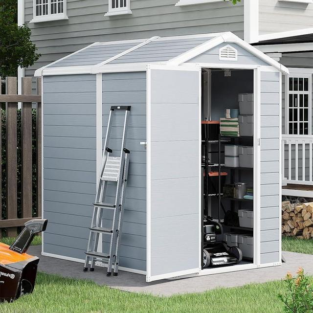 Jolydale 6’x4’ Outdoor Storage Resin Shed, Resin Utility Tool Shed Storage House with Lockable Door, for Backyard, Patio, Garden Bikes and Pool Accessories, Grey