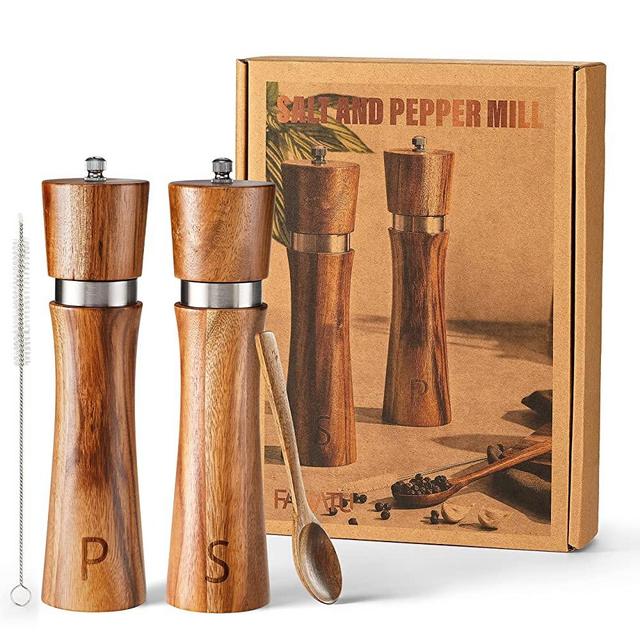 Wooden Salt and Pepper Grinder Set - 8 Inch Acacia Wood Pepper Mill and Salt Grinder with Adjustable Coarseness - Adding Wood Spoon and Cleaner Tool - Perfect for Salt and Pepper Shakers Gift