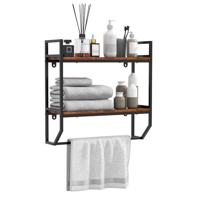 GOFLAME 2-Tier Industrial Bathroom Shelves with Towel Bar, Over The Toilet Shelf Wall Mounted with Metal Frame, Wall Storage Organizer Shelf for Bathroom, Living Room, Kitchen, Rustic Brown