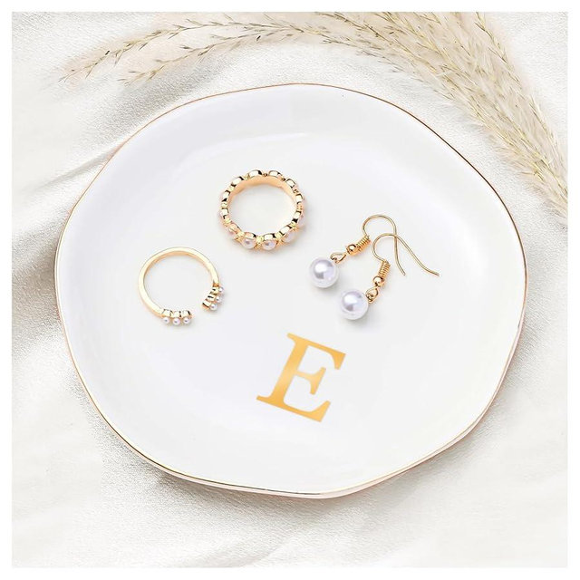 ProCase Ceramic Jewelry Tray, Initial Ring Dish Trinket Plate Engagement Gift, Small Personalized Monogram Ring Bowl for Wedding, White Decorative Jewelry Holder for Women Vanity -Letter E