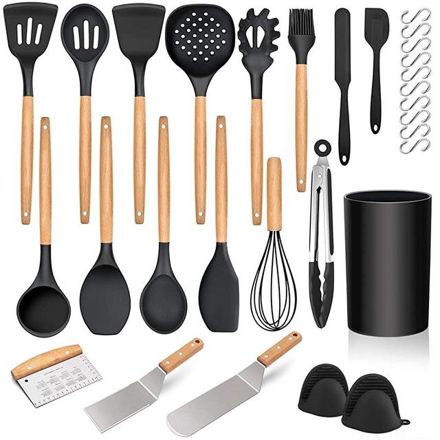 Homikit 30 Piece Kitchen Cooking Utensils with Holder, Heat resistant Silicone Spatula Set for Nonstick Cookware, Plus Metal Cooking Spatula Turner Dough Scraper, Wooden Handle, Black