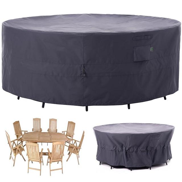 F&J Outdoors Patio Furniture Covers, Heavy Duty Tear Resistant Waterproof UV Resistant Windproof Extra Large Furniture Cover, Grey, 130" Dia x 35" H