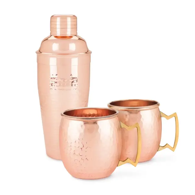Twine Hammered Moscow Mule Mug Cocktail Set with Shaker for Mixed Drinks, Stainless Steel Kitchen Set, Barware, Set of 3, Copper