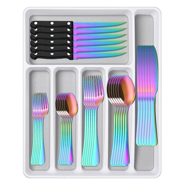 49-Pieces Colorful Rainbow Stainless Steel Silverware Sets With Organizer And Steak Knives,Knife Spoon And Fork Eating Utensils Sets For Ktichen,Multicolor Flatware Sets With Cutlery Tray