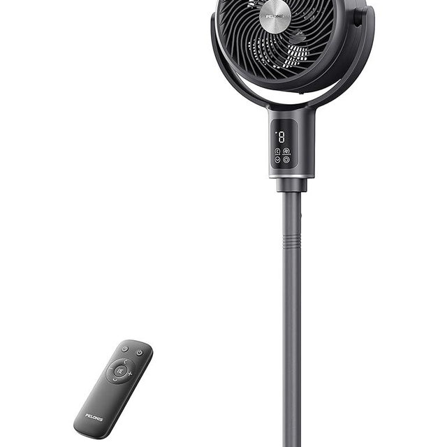 PELONIS AeroFan Pedestal Air Circulator for Bedroom – Oscillating Standing Fan with Remote Control, LED Display, 9 Speeds, 20dB, 9H Timer, DC Motor, 135° + 100° Auto Oscillation, Adjustable Height