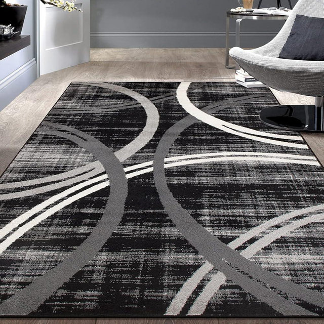 Rugshop Modern Wavy Circles Design Area Rug 5'3" x 7'3" Black