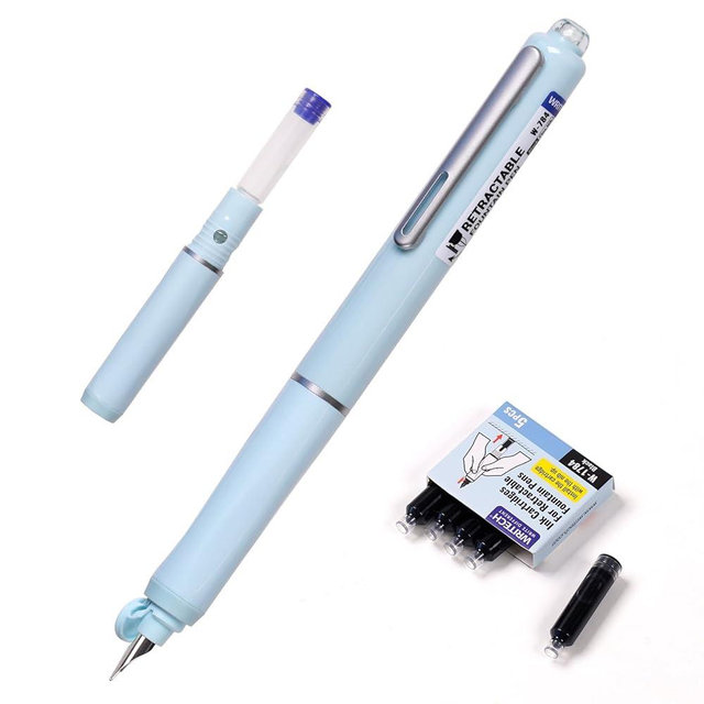 WRITECH Fountain Pen Fine Nib: Black Ink Retractable Pen Set Includes 5 Ink Cartridges Smooth Writing No leaking for Gift (Blue)