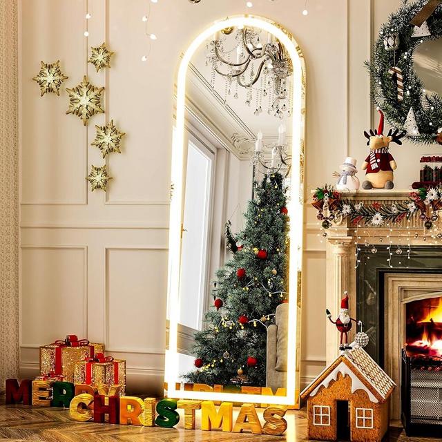 GLSLAND Arched LED Full Length Mirror 64" x 21" Full Body Mirror with Stand Wall Mounted Hanging Mirror with Lights Free Standing Floor Mirror for Bedroom