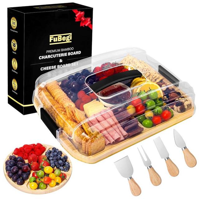 Portable Charcuterie Board with Lid for Travel, Bamboo Charcuterie Board with Cover & 7 Compartments, Double Sided Cheese Board Serving Tray Charcuterie Platter Fruit Tray Gift Set for Party Picnic