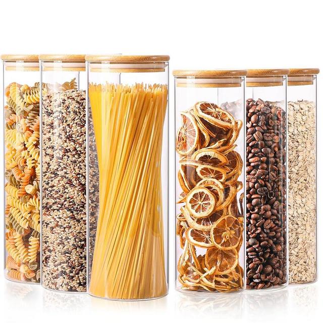 ComSaf Glass Food Storage Jars Set of 6, Tall Glass Storage Containers with Bamboo Lids, Canisters Sets for the kitchen, Spaghetti, Pasta, Flour, Nuts, Coffee and Sugar Container, Pantry Organization