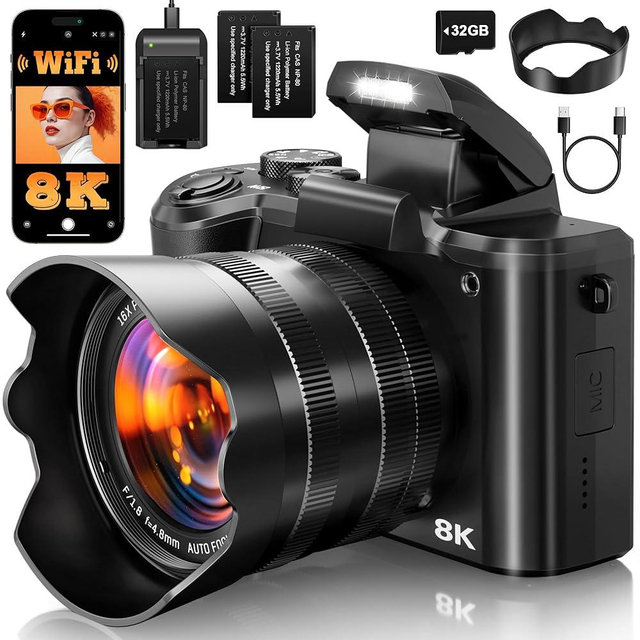 8K Digital Cameras for Photography Autofocus, 2026 Upgrade 88MP WiFi Professional 16X Zoom Photography Camera with Dual-Lens for YouTube, SD Card, Lens Hood, Touch Screen, 2 Batteries & Charging Stand