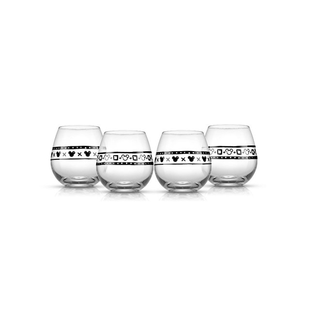 JoyJolt Disney Geo Picnic Mickey Mouse 15 Oz Stemless Wine Glasses Set, 4 Pieces