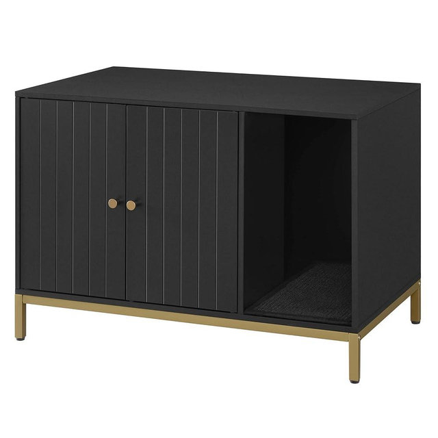 Feandrea Litter Box Enclosure, Modern Cat Litter Box Furniture Hidden, with Scratching Mat, Tall Legs, Cat House, Side End Table, 31.5 x 19.7 x 21.7 Inches, Black and Gold UPCL007B01