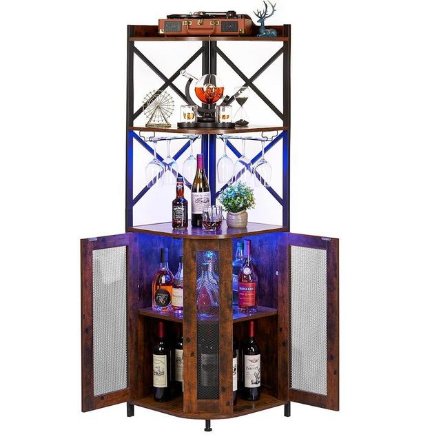 JKsmart Corner Bar Cabinet with LED Lights, 5-Tier Industrial Wine Cabinet with Glass Holder, Wine Bar Cabinet with Adjustable Shelf, Home Bar for Liquor and Wine Storage, Rustic Brown
