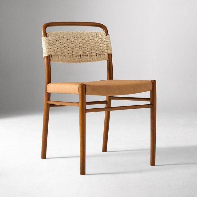 Eindhoven Dining Chair, Single, Paper Cord, Ludlow Leather, Sesame, Cool Walnut