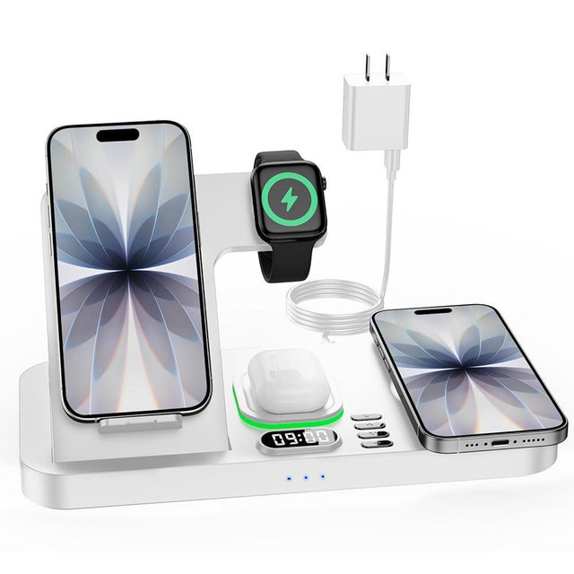 Dual Phone Wireless Charging Station for Apple Devices, Magnetic Charging Station for iPhone with Auto Switch 7-Color Light&Clock, Family Watch Charger for iPhone17 for iWatch11 for AirPods Pro3(Cream