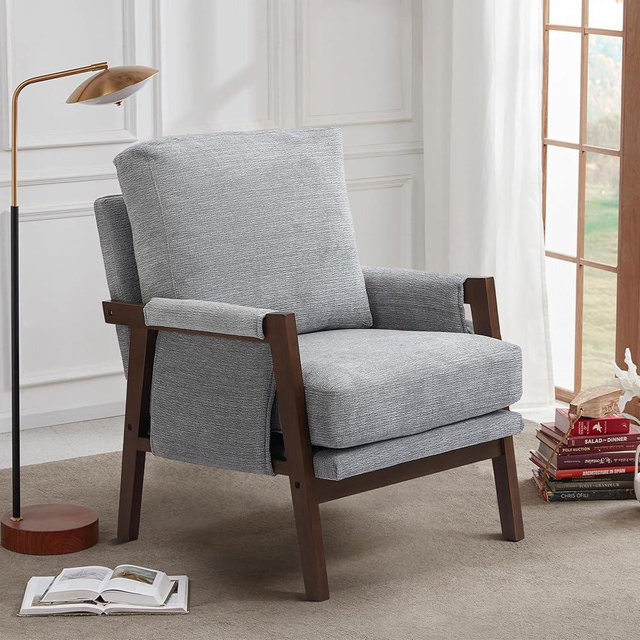 RNKSFX Modern Accent Chair for Living Room Mid Century Arm Chair Upholstered Bedroom Chair Comfy Lounge Chair with Solid Wood Frame, Grey