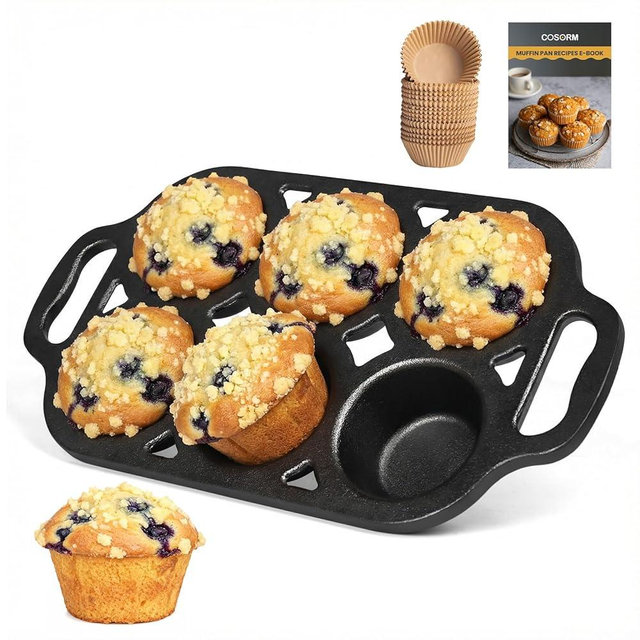 COSORM 6 Cup Cast Iron Muffin Pan - Pre-Seasoned Nonstick Muffin Tin, Regular Size Cupcake Baking Pan