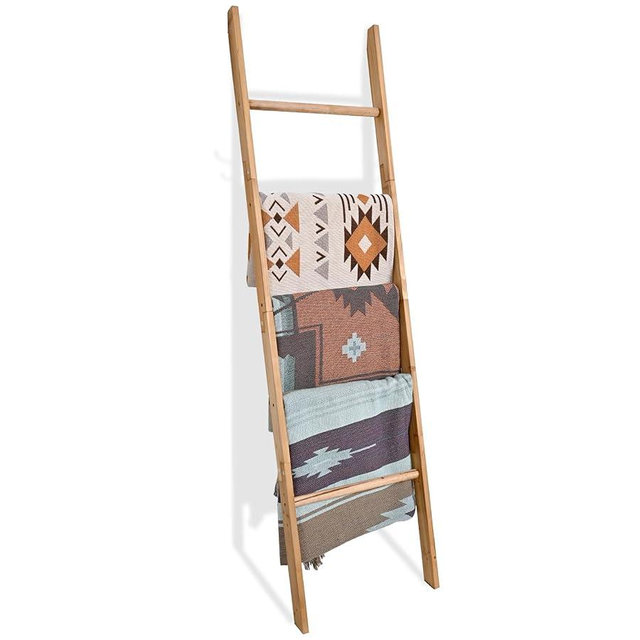 FUIN 63inch Wooden Blanket Ladder, Wood Towel Ladder, Rustic Decorative Ladder for Blankets, Farmhouse Quilt Rack for Living Room & Bathroom