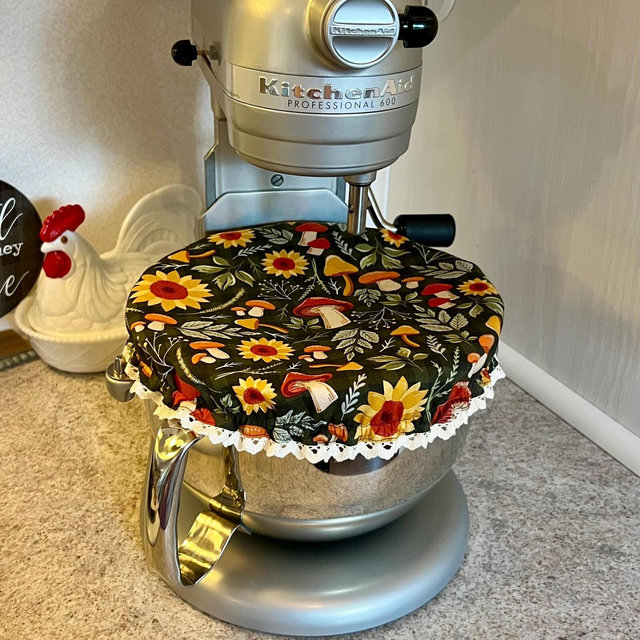 Rustic Charm Mixing Bowl Cover - Lace Mushrooms and Flower Stems - Reversible Mixing Bowl Cover - Reusable Bowl Cover - Kitchen Must Haves